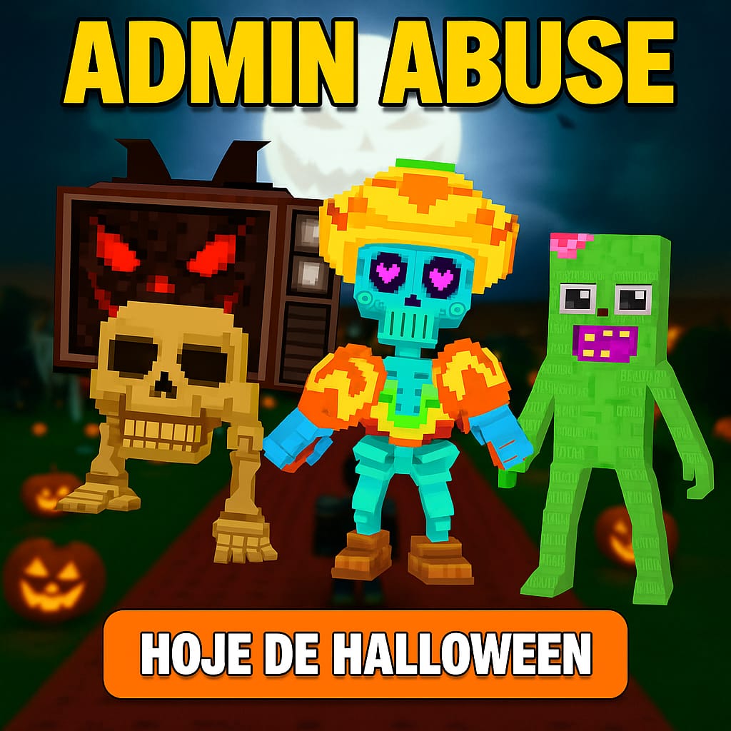 Evento Admin Abuse de Halloween com jogadores reunidos no Roblox