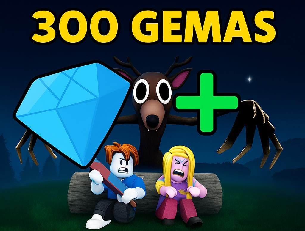 Desafio de 300 gemas sendo completado em 99 Noites na Floresta